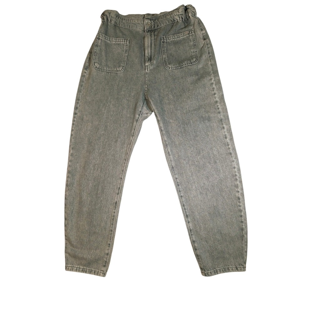 Zara High Rise Barrel Jeans Patch Pocket Faded Light Gray 6 Elastic Waist 28x26